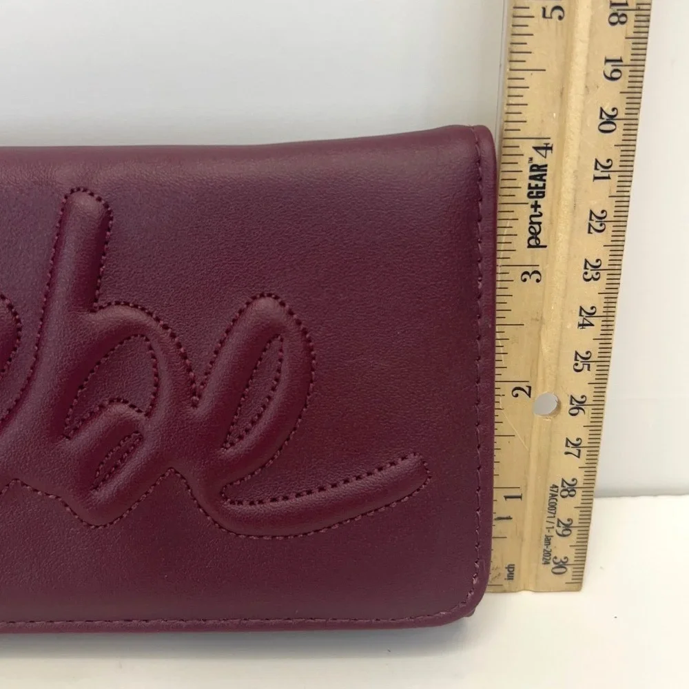 BEBE Louisa Trifold Wallet Multi Slots Embossed Logo Wristlet Clutch Purple NEW